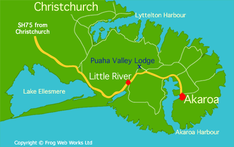 Map of Banks Peninsula showing the location of Puaha Valley Lodge
